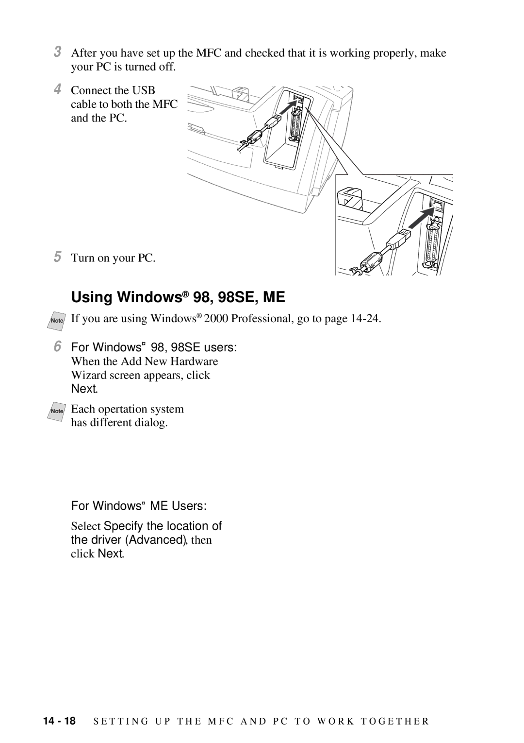 Brother MFC 7300C owner manual Using Windows 98, 98SE, ME 