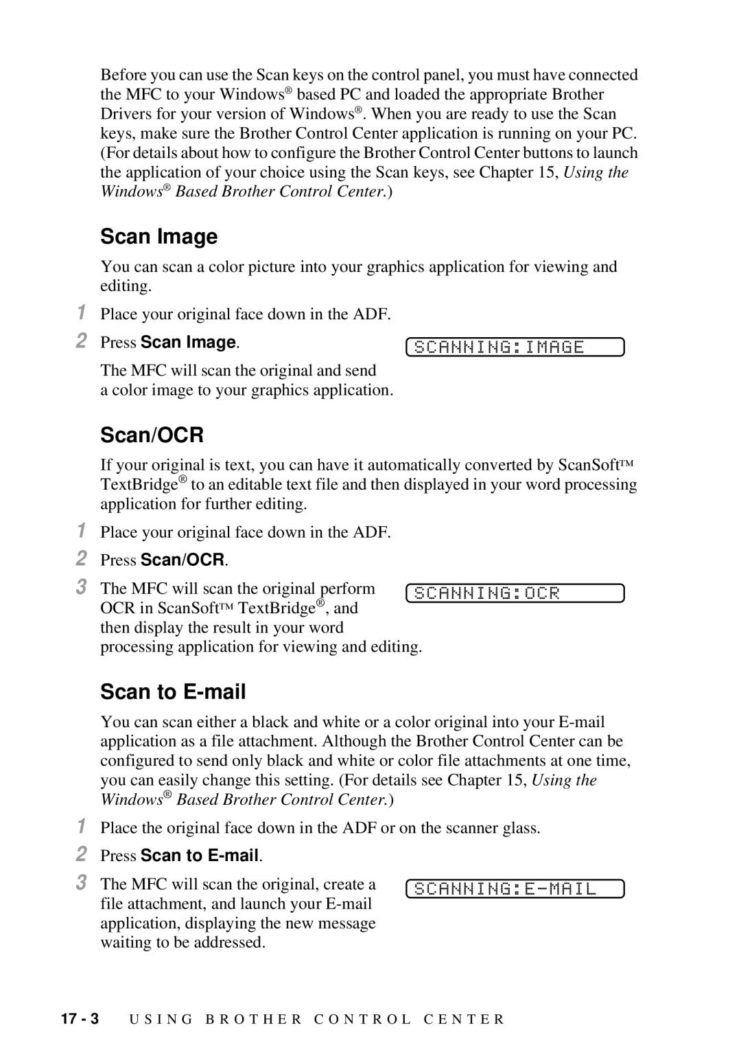 Brother MFC 7300C owner manual Scan Image, Scan/OCR, Scan to E-mail 