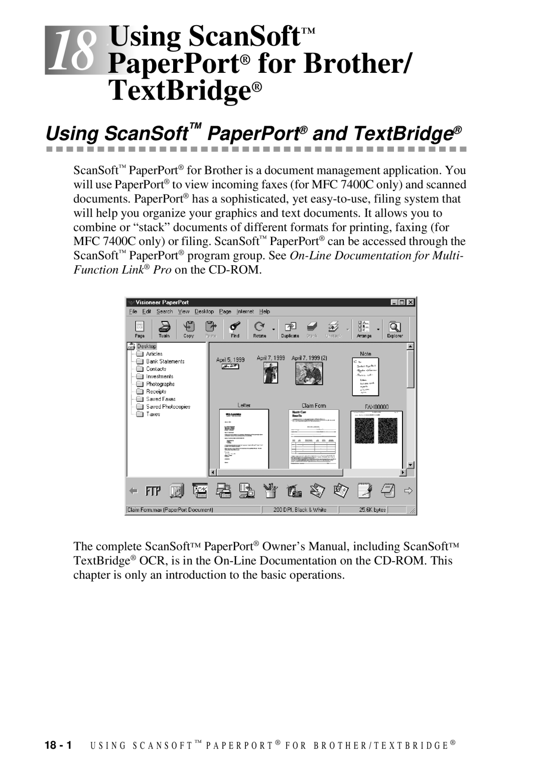 Brother MFC 7300C 18 18Using ScanSoft PaperPort for Brother TextBridge, Using ScanSoft PaperPort and TextBridge 