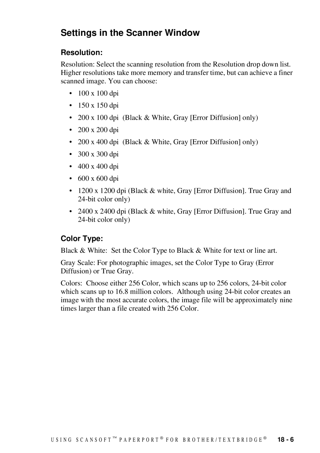 Brother MFC 7300C owner manual Settings in the Scanner Window, Resolution, Color Type 