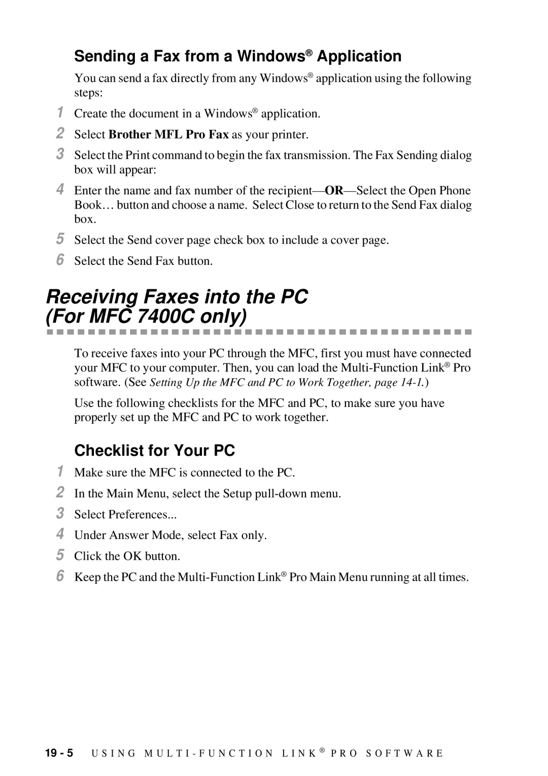 Brother MFC 7300C owner manual Sending a Fax from a Windows Application, Checklist for Your PC 