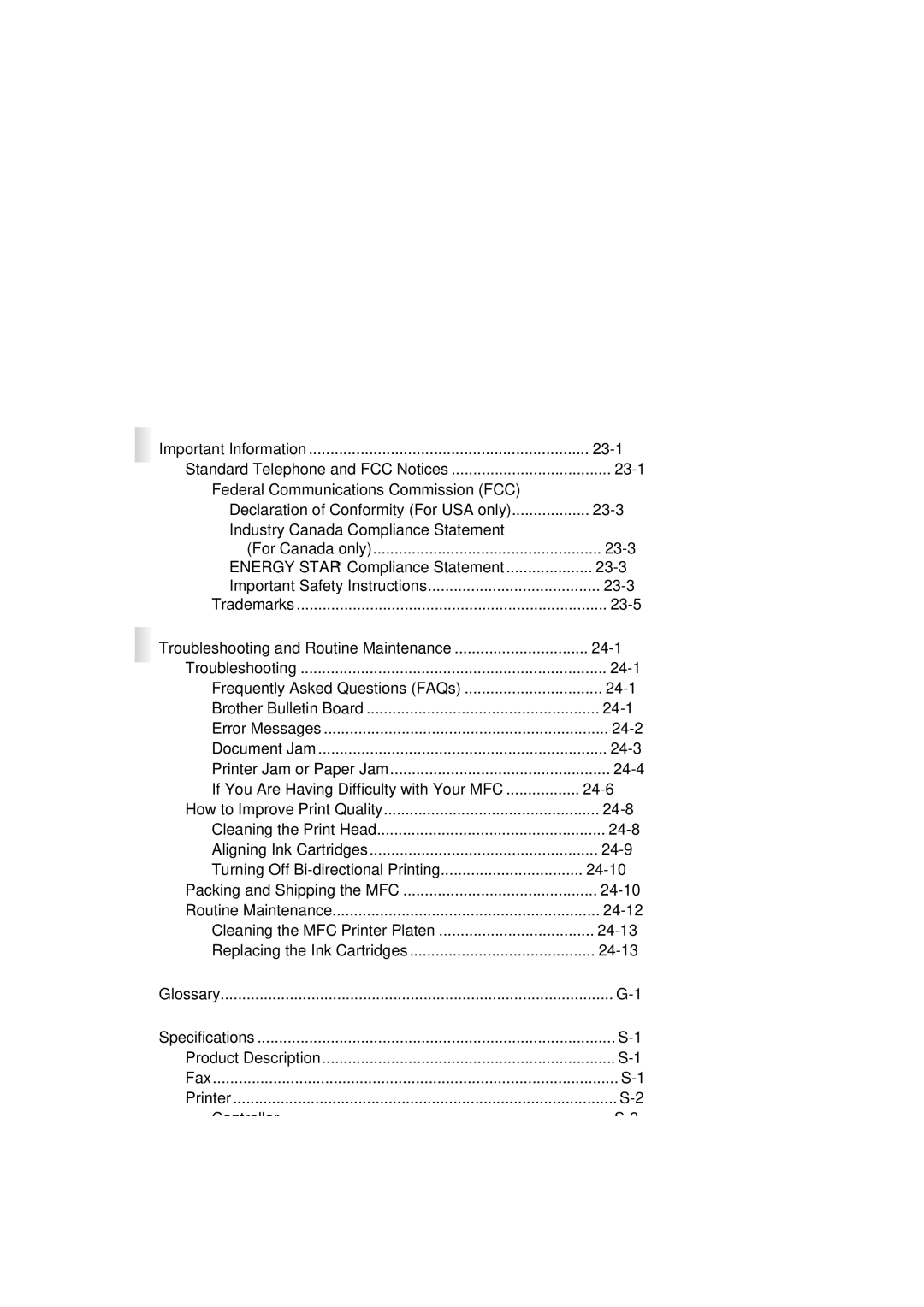 Brother MFC 7300C Important Information 23-1, Troubleshooting and Routine Maintenance 24-1, Glossary Specifications 