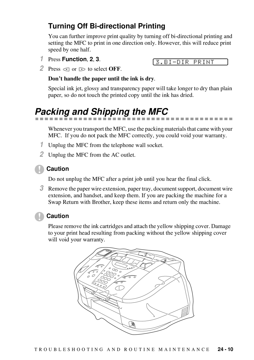 Brother MFC 7300C owner manual Packing and Shipping the MFC, Don’t handle the paper until the ink is dry 