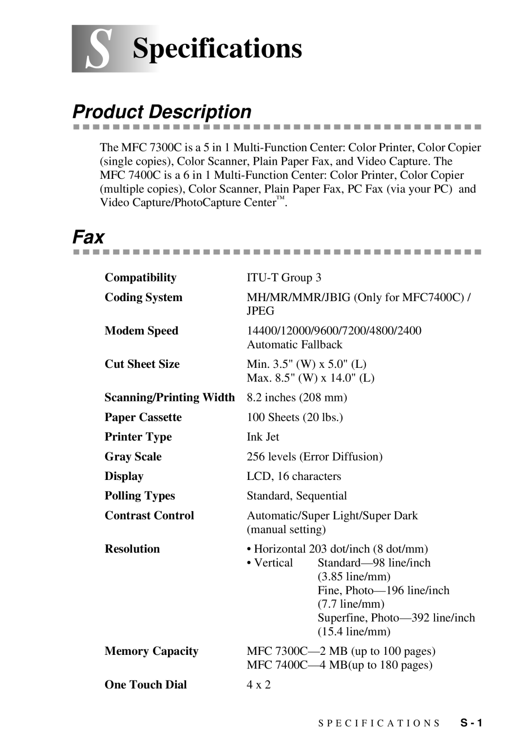 Brother MFC 7300C owner manual SSpecifications, Product Description, Fax 