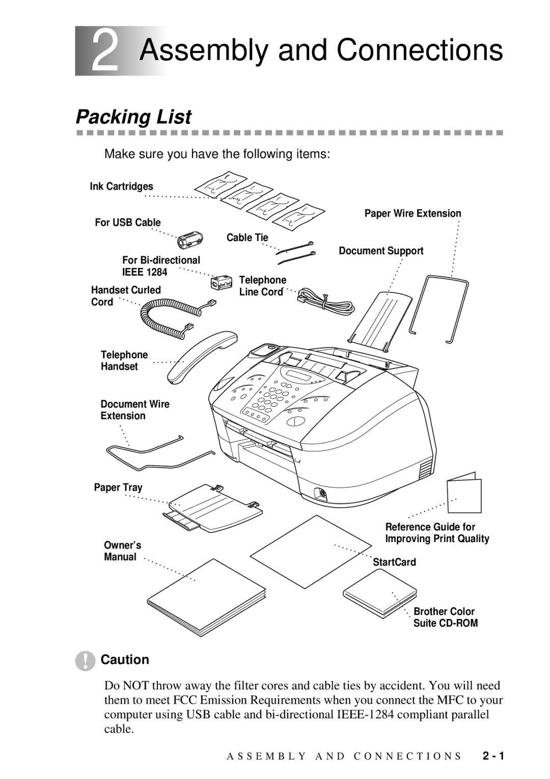 Brother MFC 7300C owner manual 2Assembly and Connections, Packing List, Make sure you have the following items 