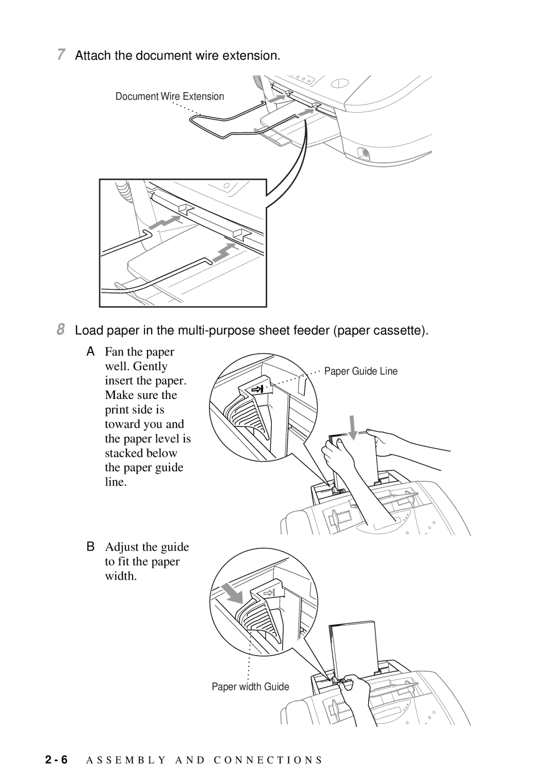 Brother MFC 7300C Attach the document wire extension, Load paper in the multi-purpose sheet feeder paper cassette 