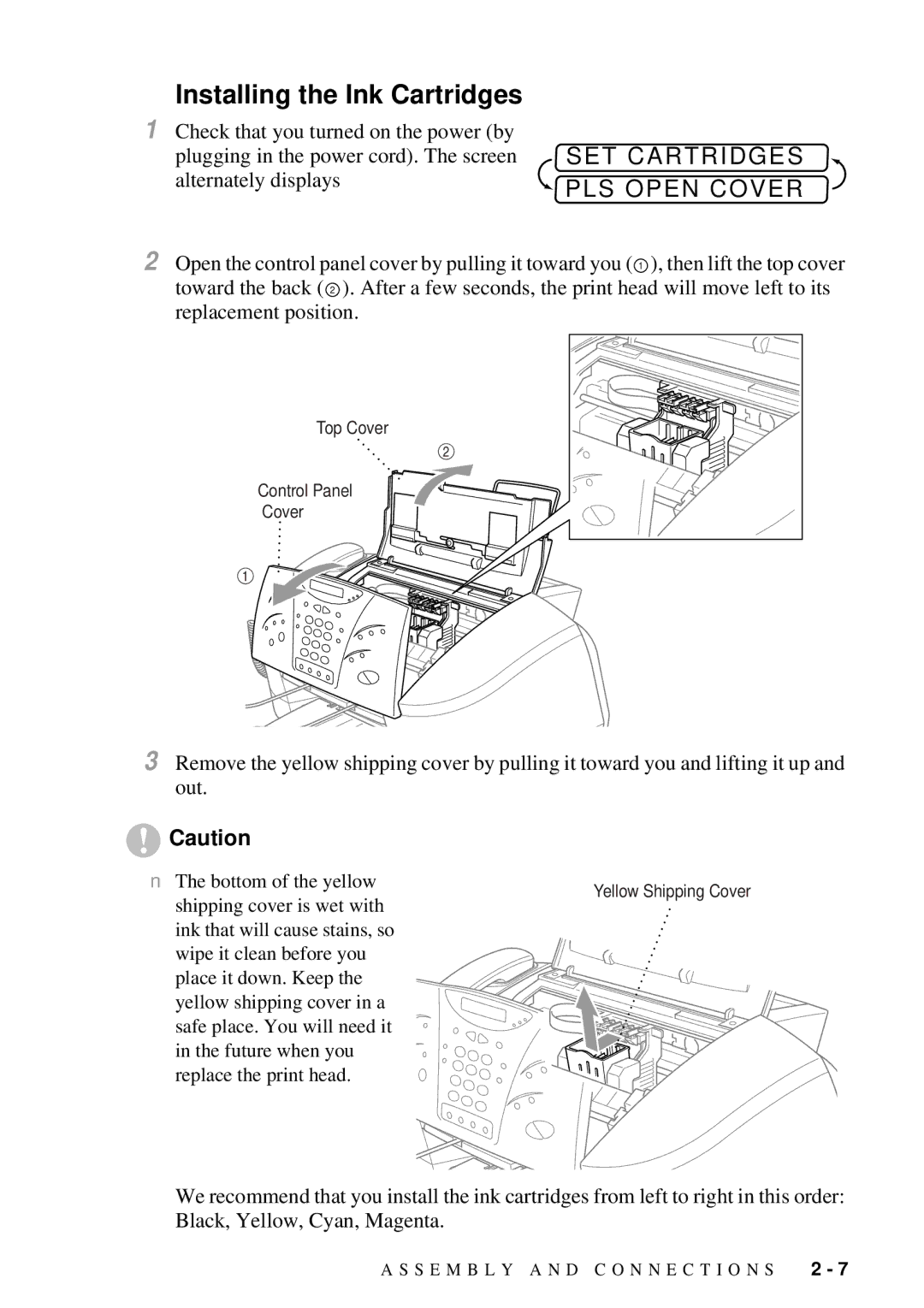 Brother MFC 7300C owner manual Installing the Ink Cartridges, SET Cartridges PLS Open Cover 