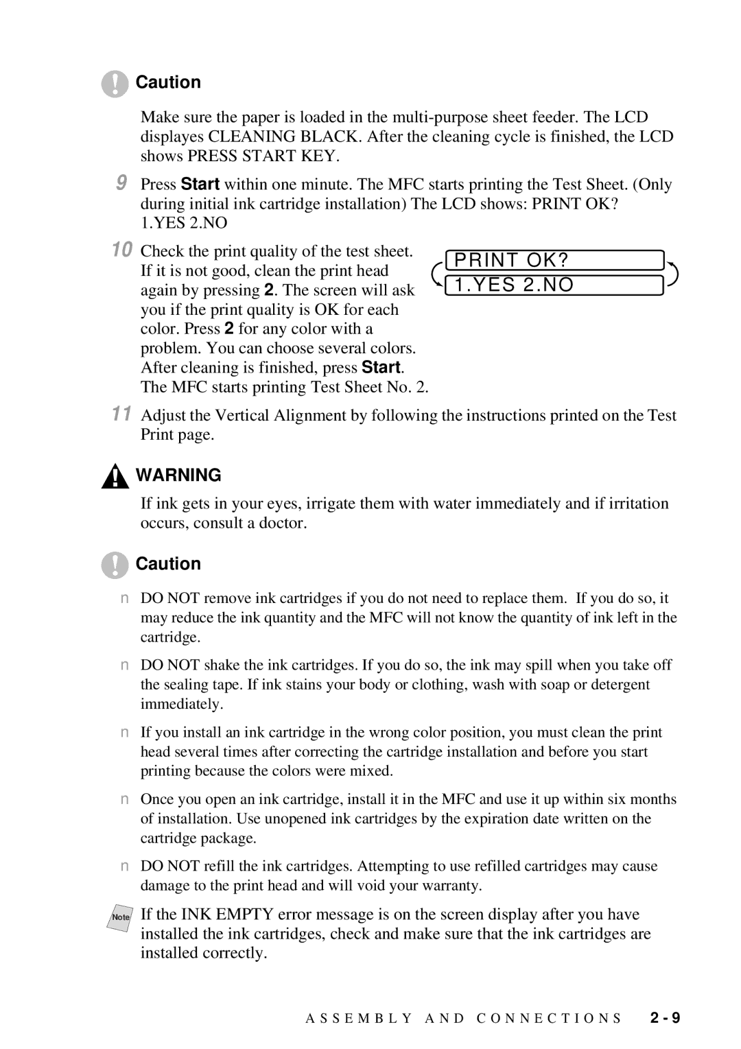 Brother MFC 7300C owner manual Print OK?, YES 2.NO 