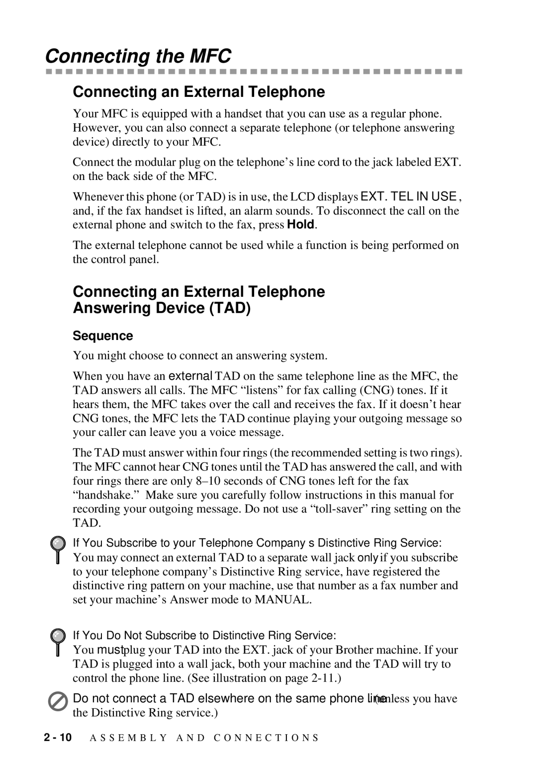 Brother MFC 7300C owner manual Connecting the MFC, Connecting an External Telephone, Sequence 