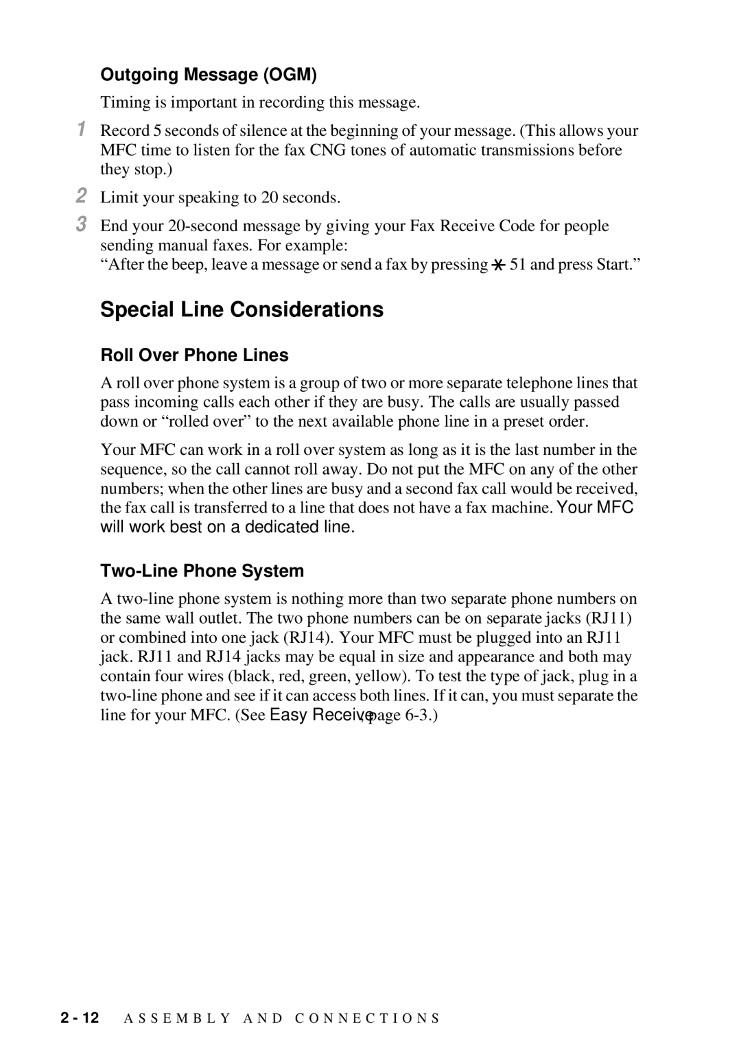 Brother MFC 7300C Special Line Considerations, Outgoing Message OGM, Roll Over Phone Lines, Two-Line Phone System 
