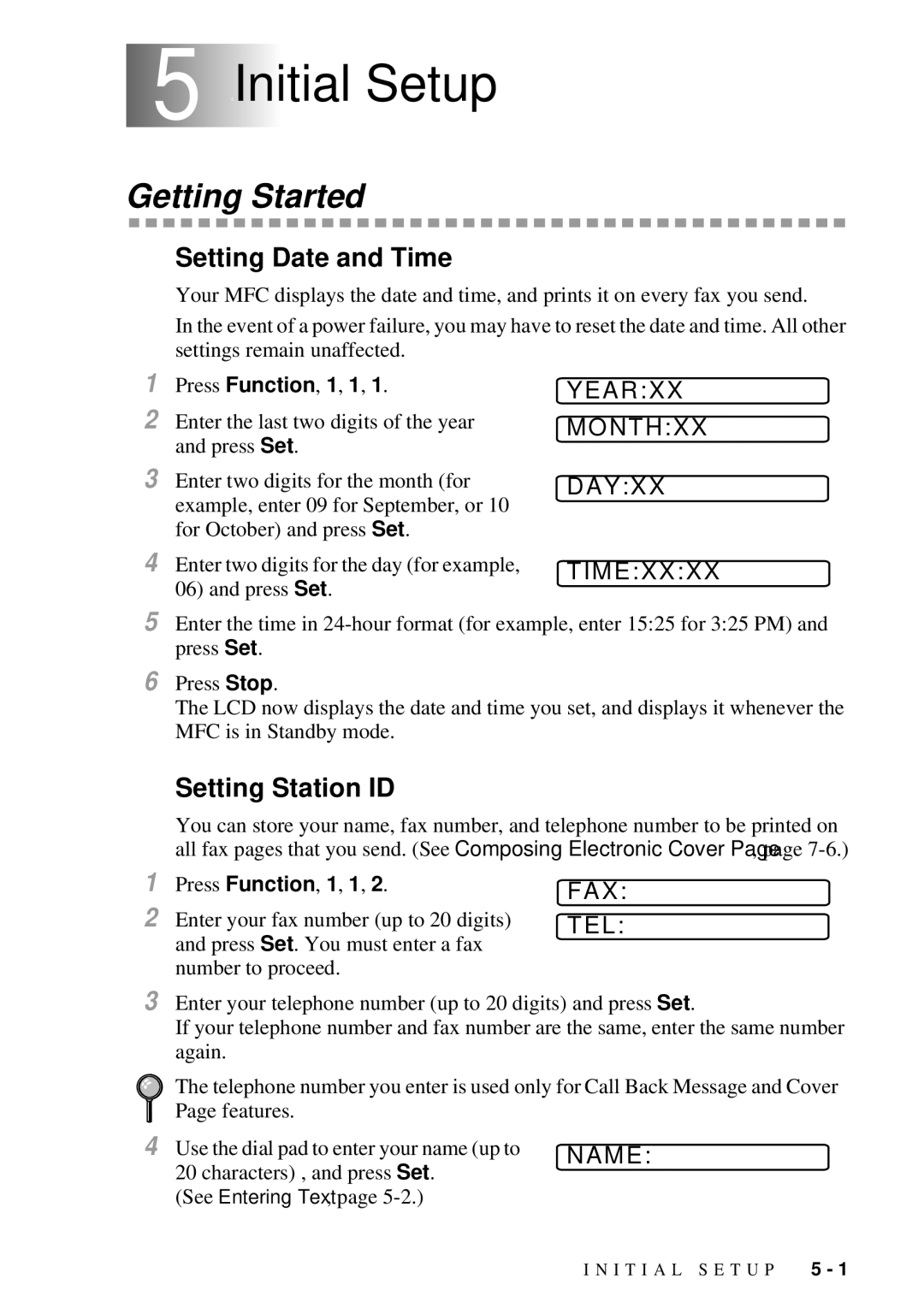 Brother MFC 7300C owner manual 5Initial Setup, Getting Started, Setting Date and Time, Setting Station ID 