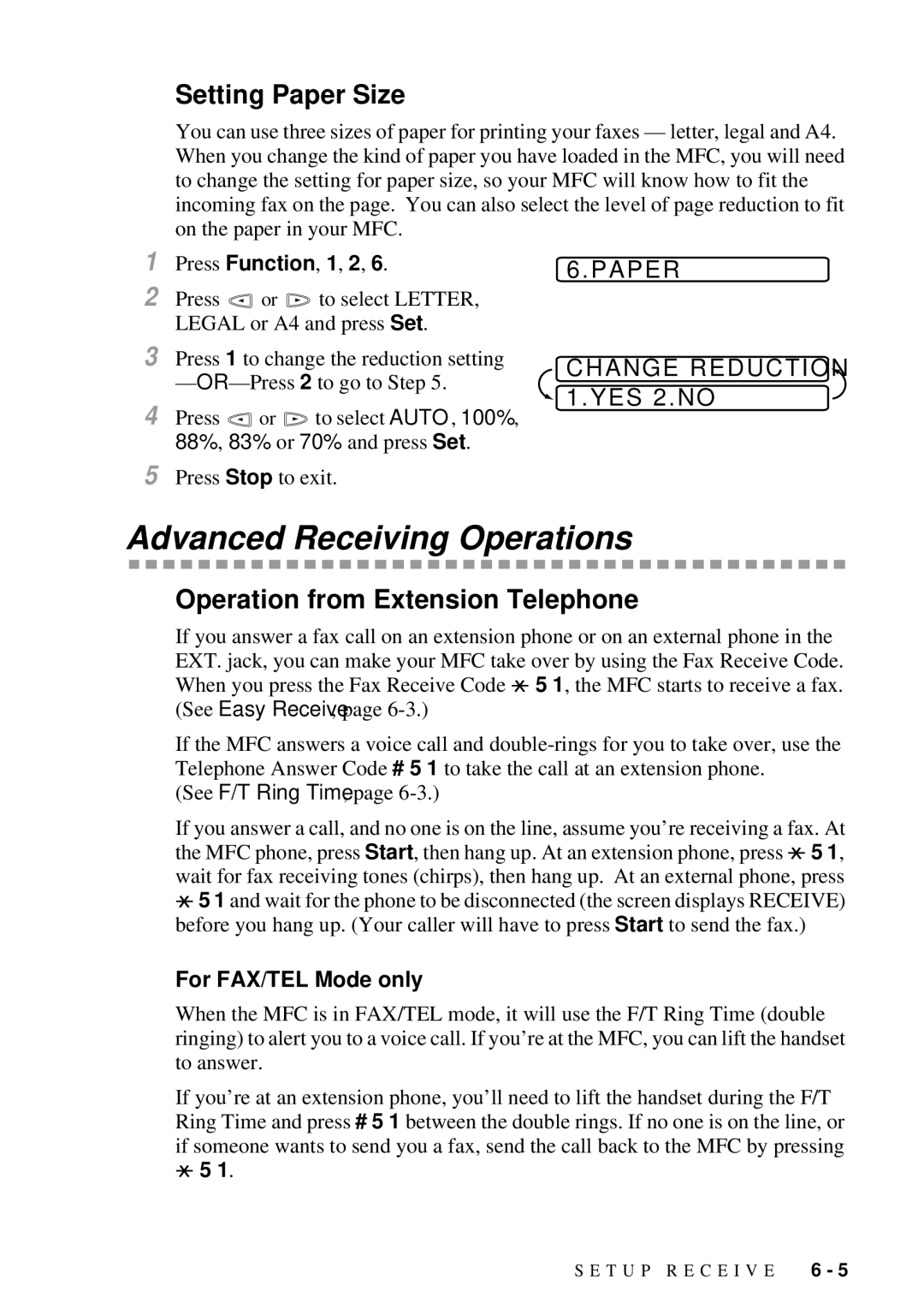 Brother MFC 7300C owner manual Advanced Receiving Operations, Setting Paper Size, Operation from Extension Telephone 