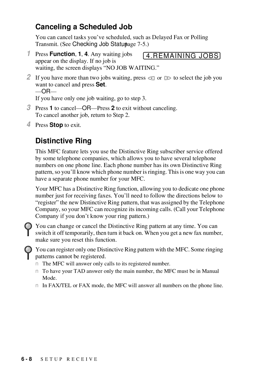 Brother MFC 7300C owner manual Canceling a Scheduled Job, Distinctive Ring 