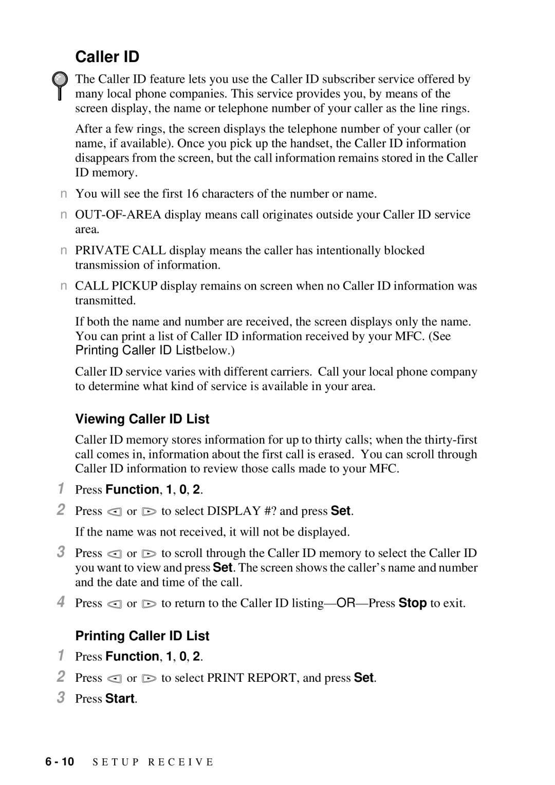 Brother MFC 7300C owner manual Viewing Caller ID List, Printing Caller ID List 