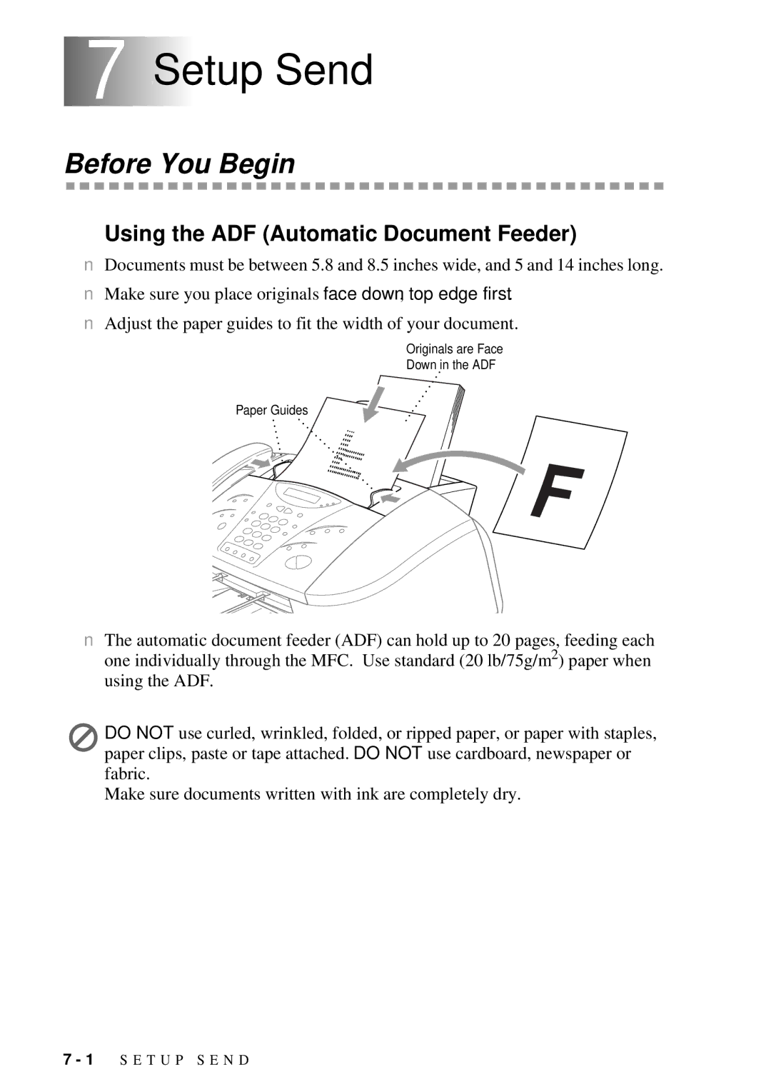 Brother MFC 7300C owner manual 7Setup Send, Before You Begin, Using the ADF Automatic Document Feeder 