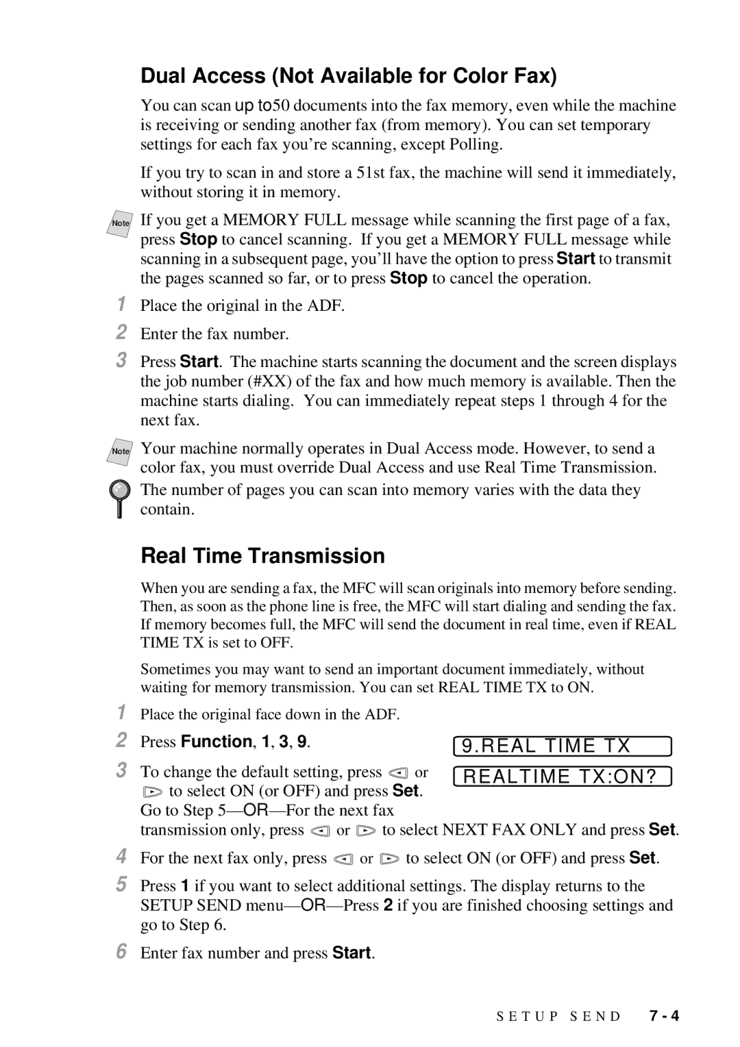 Brother MFC 7300C owner manual Dual Access Not Available for Color Fax, Real Time TX Realtime TXON? 