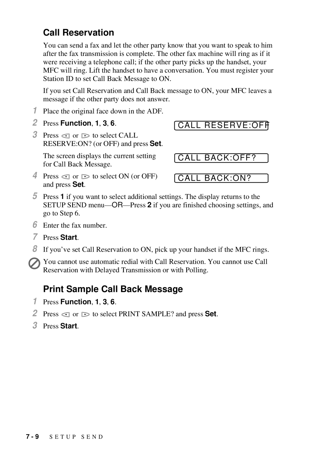 Brother MFC 7300C owner manual Print Sample Call Back Message 