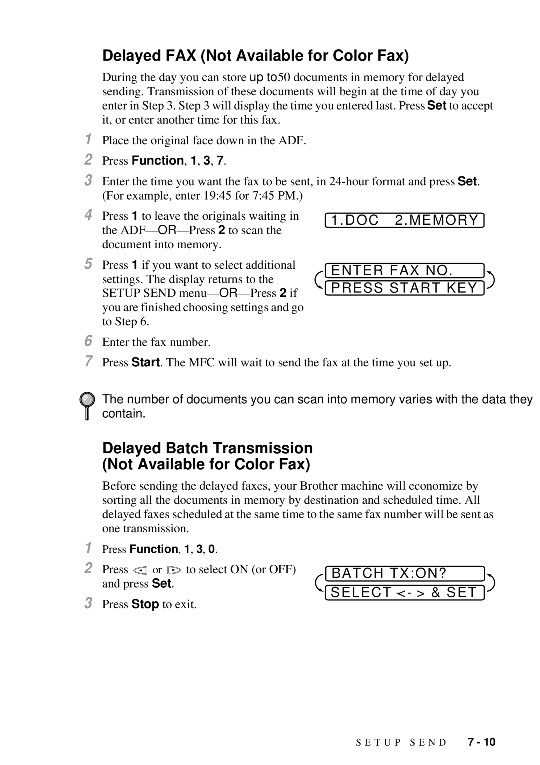 Brother MFC 7300C owner manual Delayed Batch Transmission Not Available for Color Fax, DOC Memory, Batch TXON? 