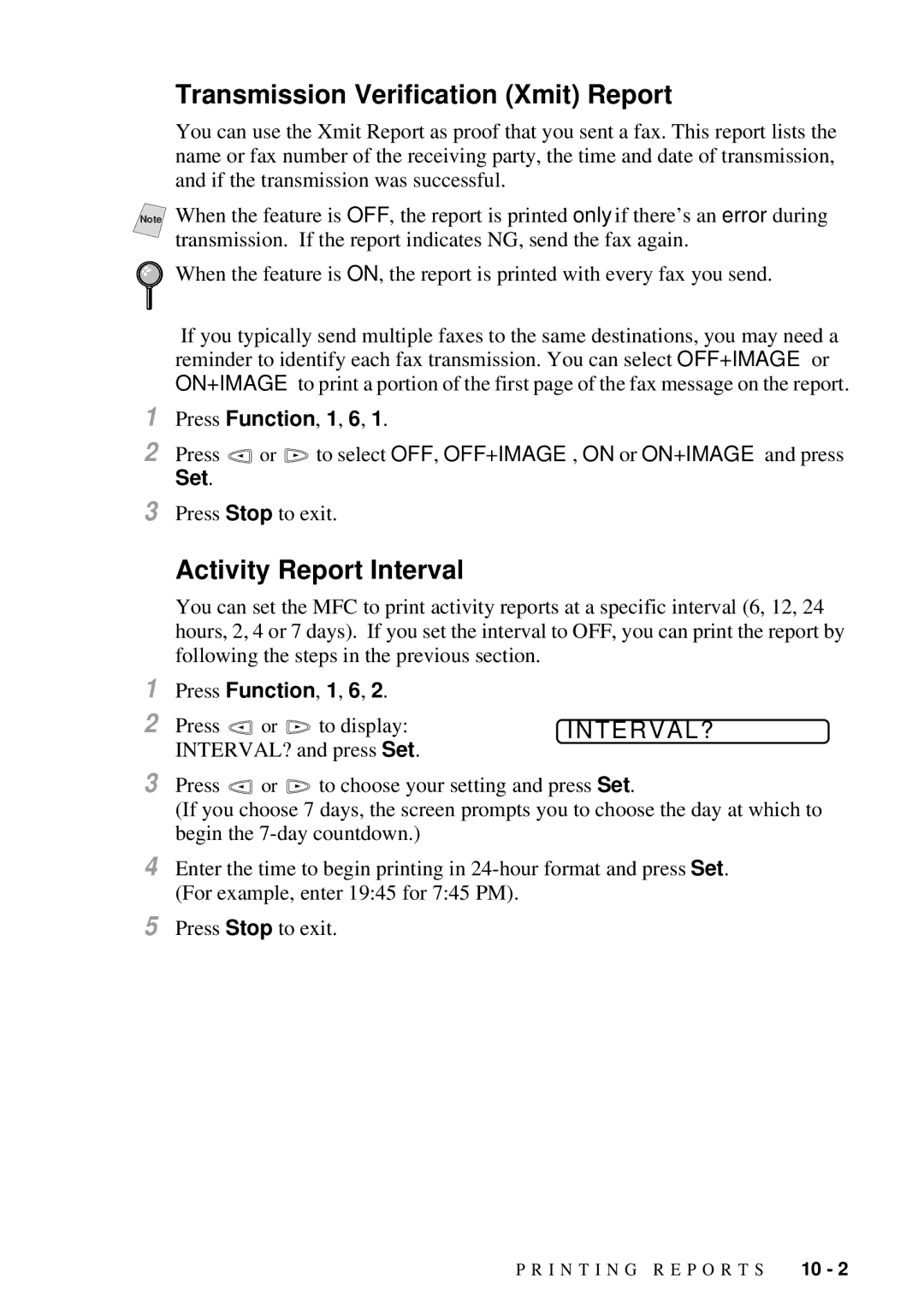 Brother MFC 7300C owner manual Transmission Verification Xmit Report, Activity Report Interval, Interval? 