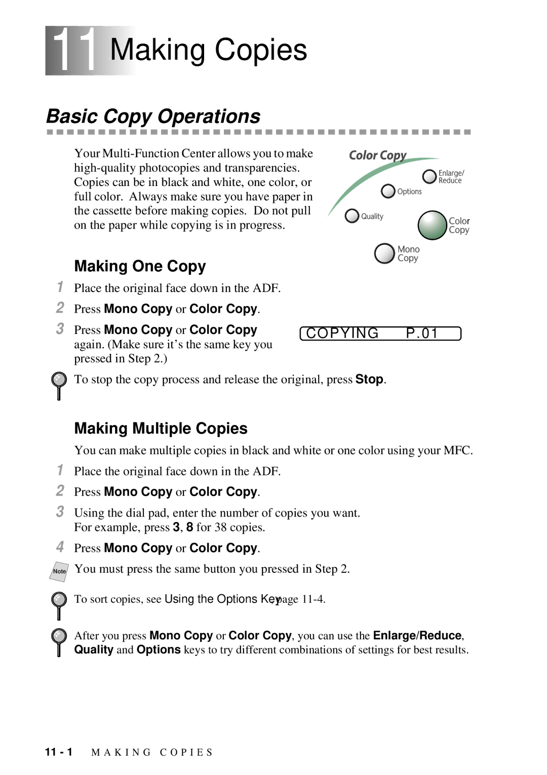 Brother MFC 7300C owner manual 11Making Copies, Making One Copy, Copying 