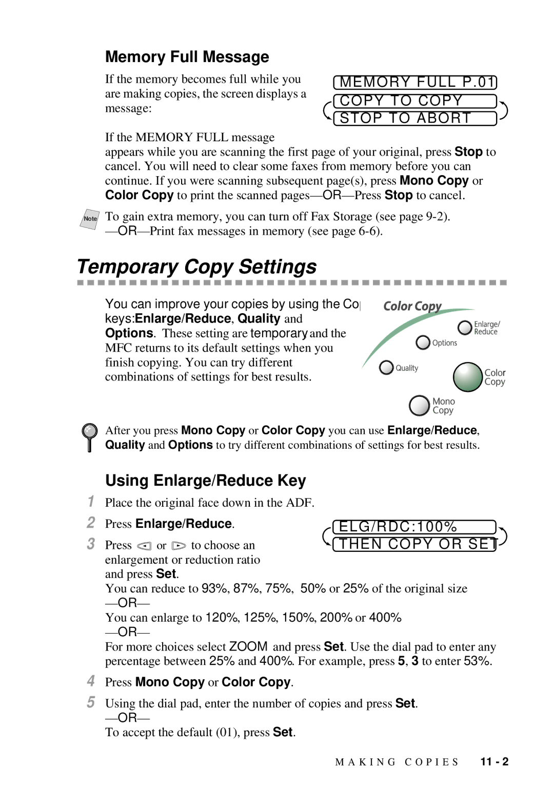 Brother MFC 7300C owner manual Temporary Copy Settings, Memory Full Message, Using Enlarge/Reduce Key, Then Copy or SET 