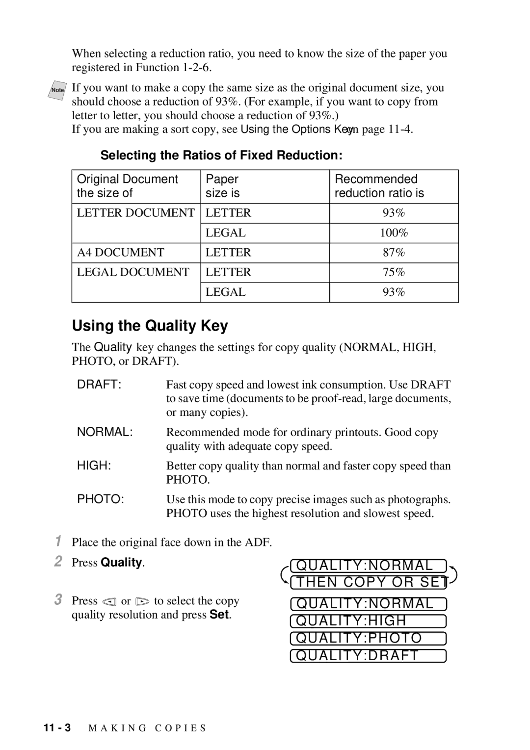 Brother MFC 7300C owner manual Using the Quality Key, Selecting the Ratios of Fixed Reduction 