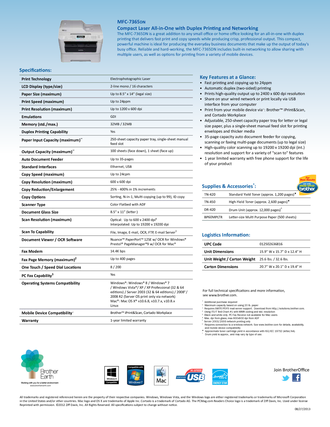 Brother MFC-7365DN manual Specifications, Key Features at a Glance, Supplies & Accessories, Logistics Information 