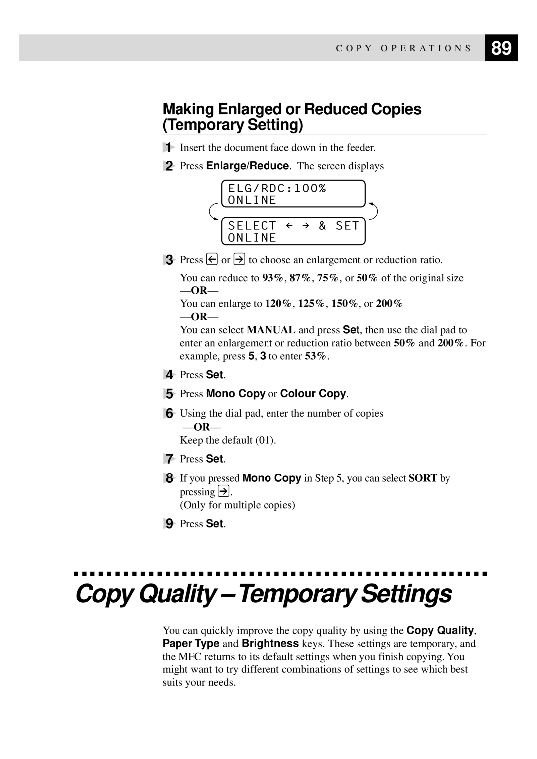 Brother MFC-730 Copy Quality -Temporary Settings, Making Enlarged or Reduced Copies Temporary Setting, Online Select & SET 