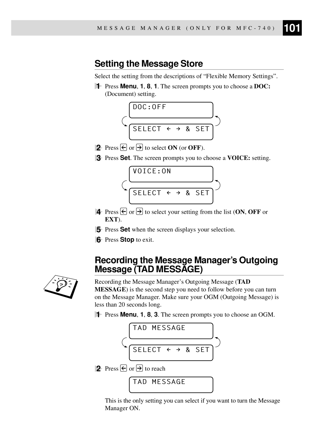 Brother MFC-730, MFC-740 Setting the Message Store, Docoff Select & SET, Voiceon Select & SET, TAD Message Select & SET 