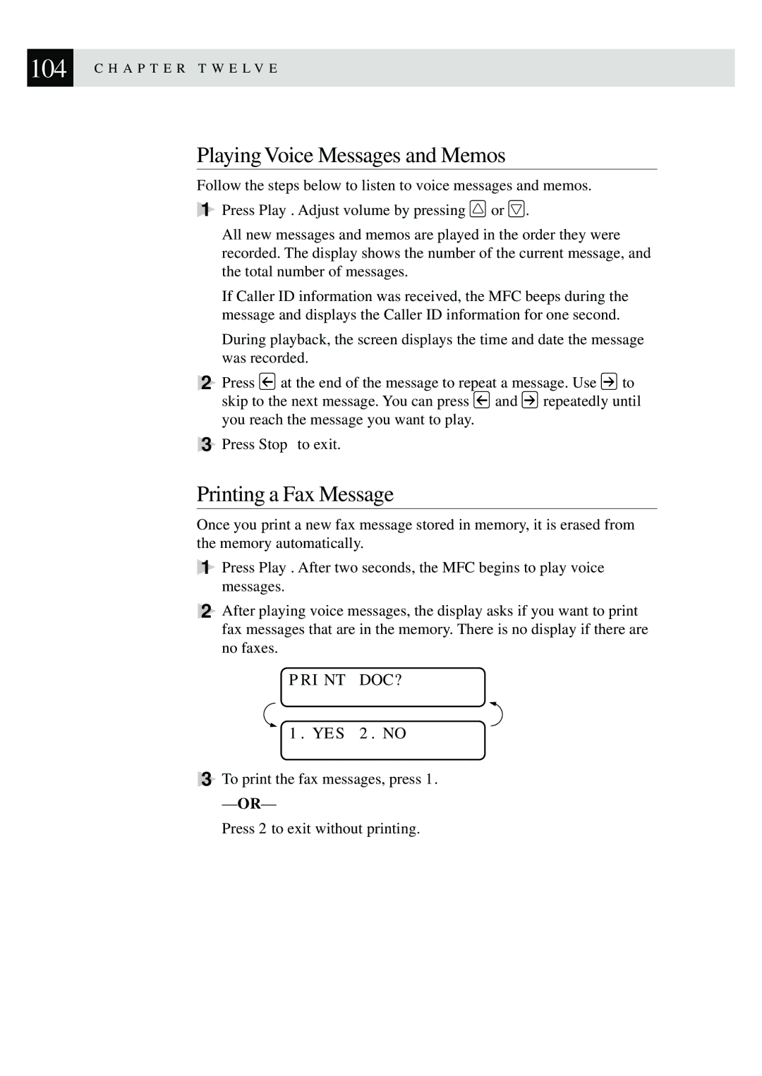 Brother MFC-740, MFC-730 owner manual Playing Voice Messages and Memos, Printing a Fax Message, Print DOC? 