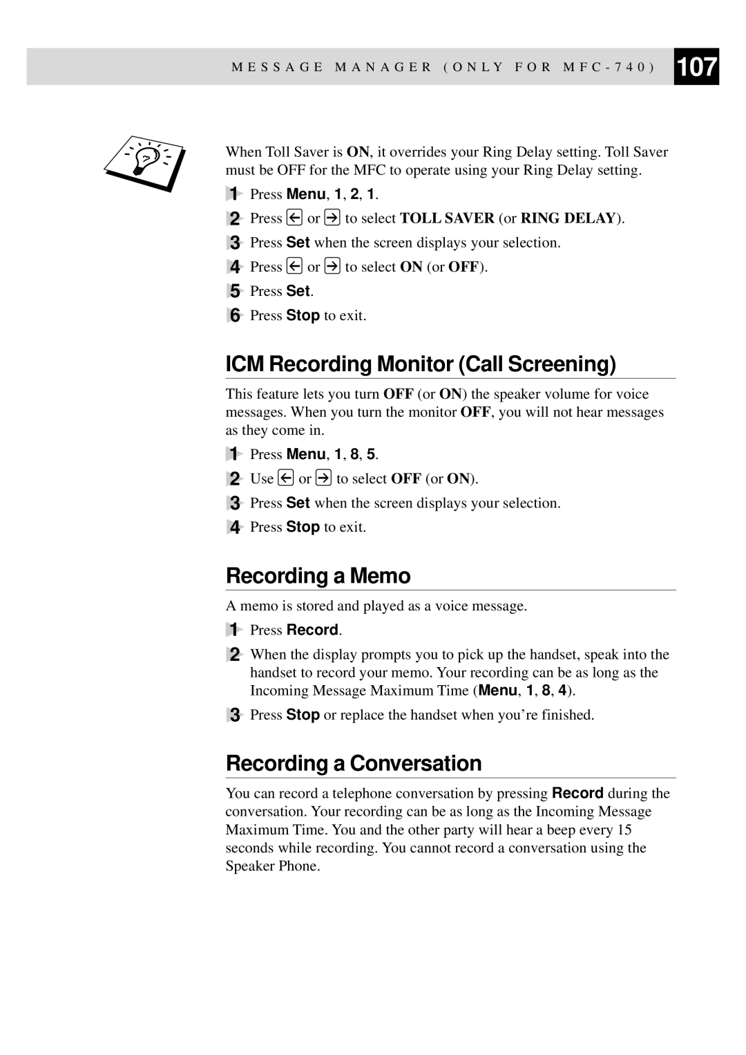 Brother MFC-730, MFC-740 owner manual ICM Recording Monitor Call Screening, Recording a Memo, Recording a Conversation 