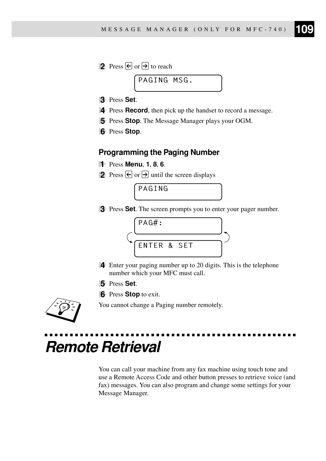 Brother MFC-730, MFC-740 owner manual Programming the Paging Number, Paging MSG, PAG# Enter & SET 