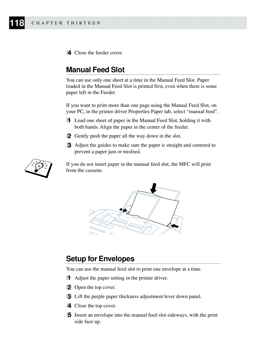 Brother MFC-740, MFC-730 owner manual Manual Feed Slot, Setup for Envelopes 