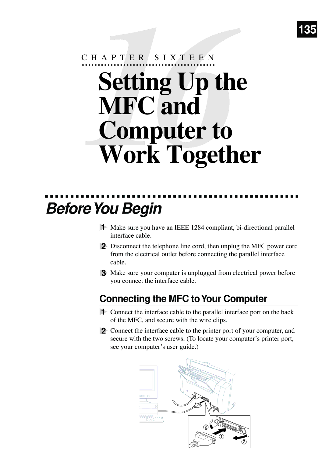 Brother MFC-730, MFC-740 owner manual Setting Up MFC Computer to Work Together, Connecting the MFC to Your Computer 