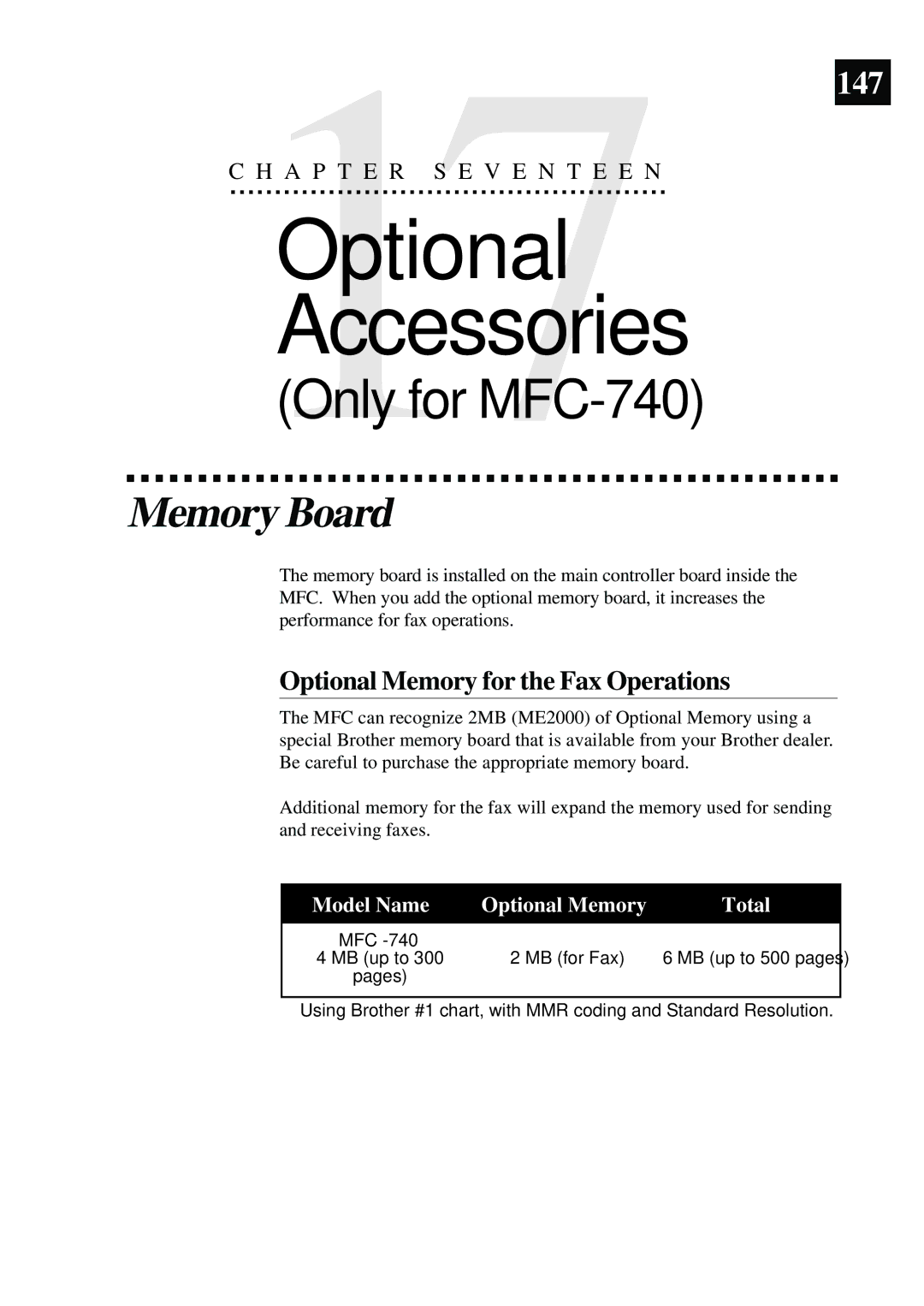 Brother MFC-730, MFC-740 owner manual Optional Accessories, Memory Board, Optional Memory for the Fax Operations 