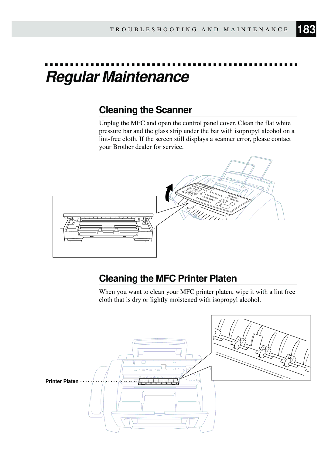 Brother MFC-730, MFC-740 owner manual Regular Maintenance, Cleaning the Scanner, Cleaning the MFC Printer Platen 