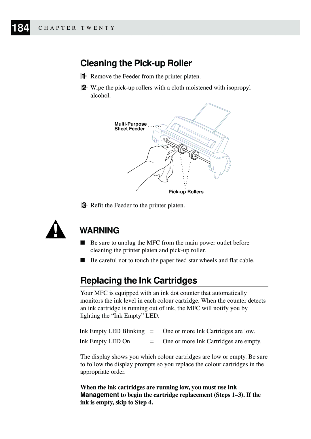Brother MFC-740, MFC-730 owner manual Cleaning the Pick-up Roller, Replacing the Ink Cartridges 