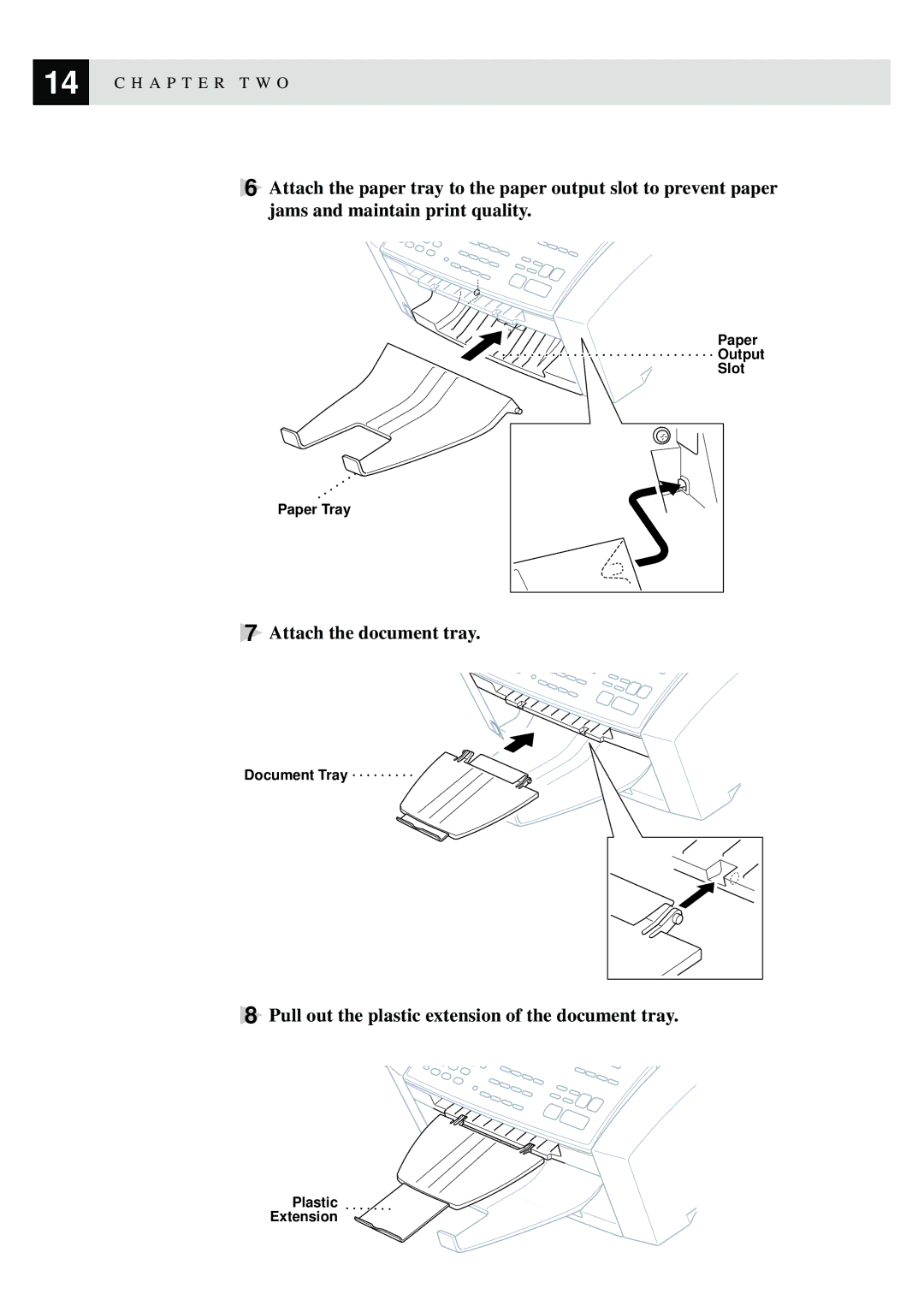 Brother MFC-740, MFC-730 owner manual Attach the document tray, Pull out the plastic extension of the document tray 