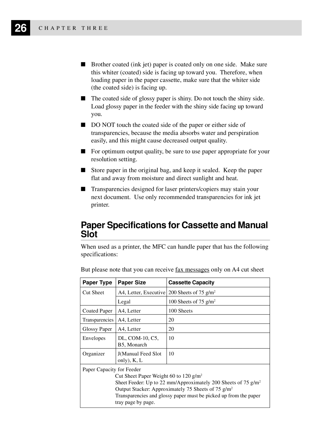 Brother MFC-740, MFC-730 Paper Specifications for Cassette and Manual Slot, Paper Type Paper Size Cassette Capacity 