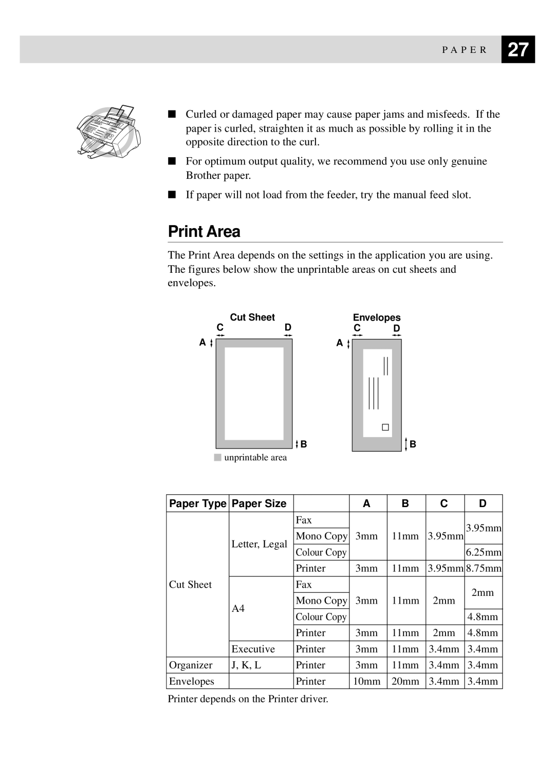 Brother MFC-730, MFC-740 owner manual Print Area, Paper Type Paper Size 