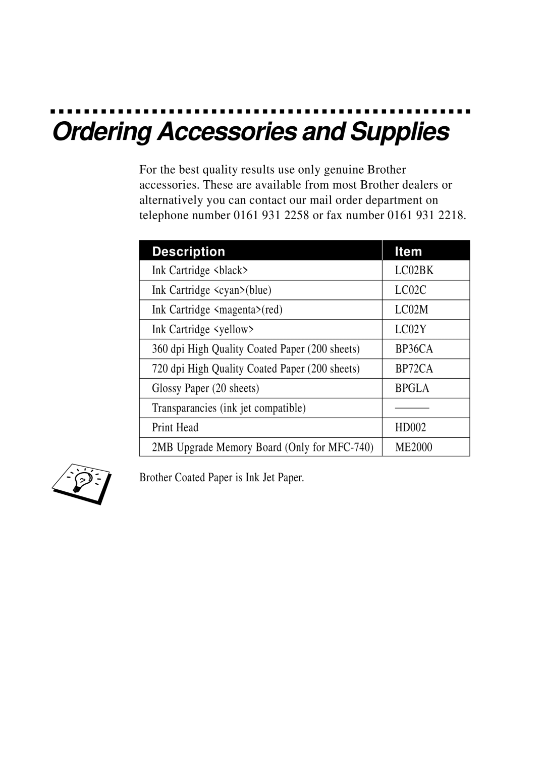 Brother MFC-740, MFC-730 owner manual Ordering Accessories and Supplies, Description 