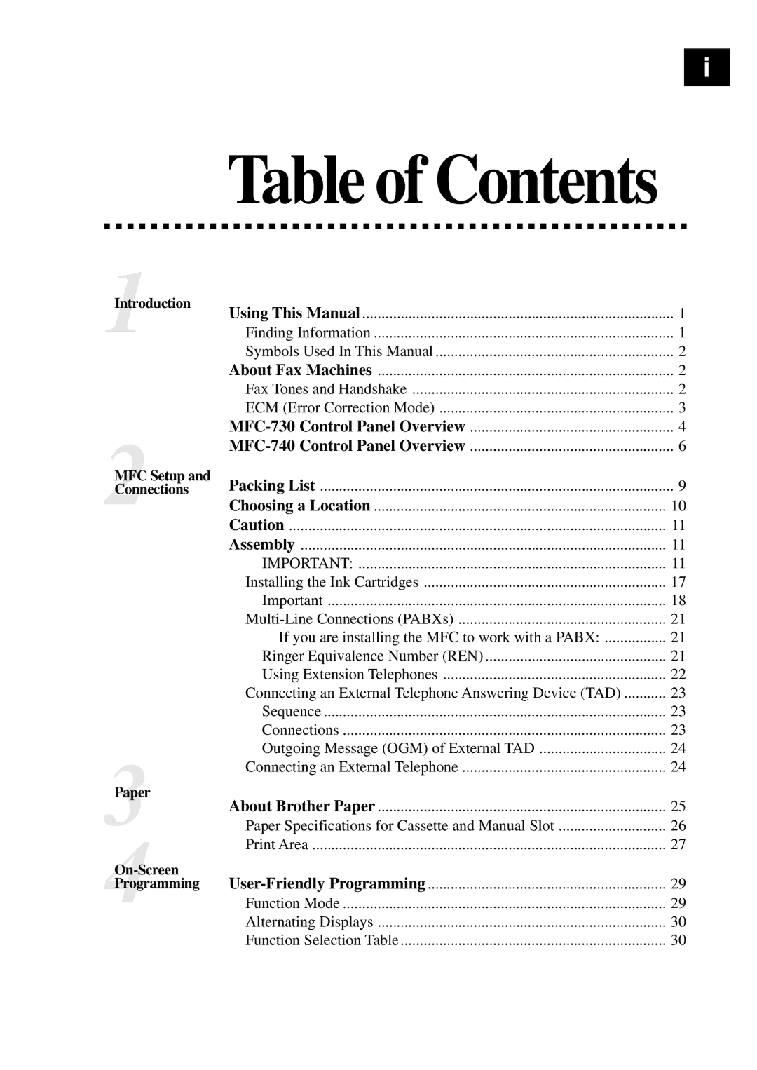 Brother MFC-730, MFC-740 owner manual Table of Contents 