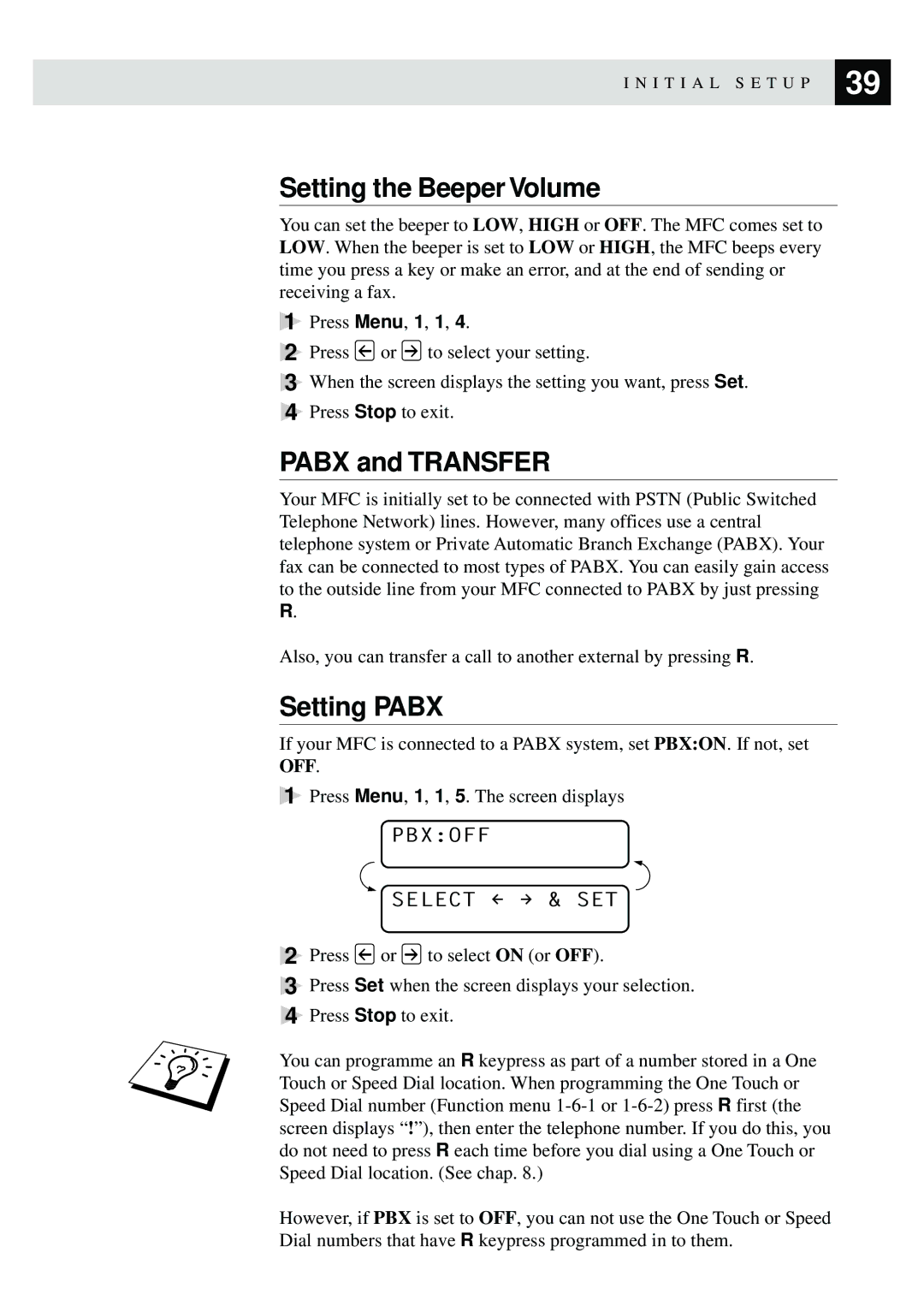 Brother MFC-730, MFC-740 owner manual Setting the Beeper Volume, Pabx and Transfer, Setting Pabx, Pbxoff Select & SET 