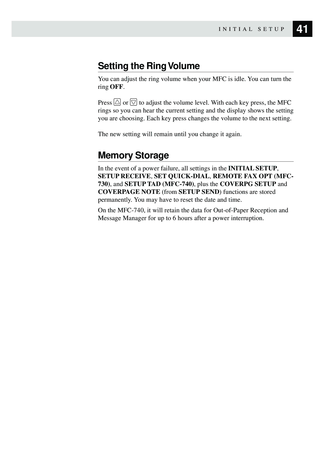 Brother MFC-730, MFC-740 owner manual Setting the Ring Volume, Memory Storage 