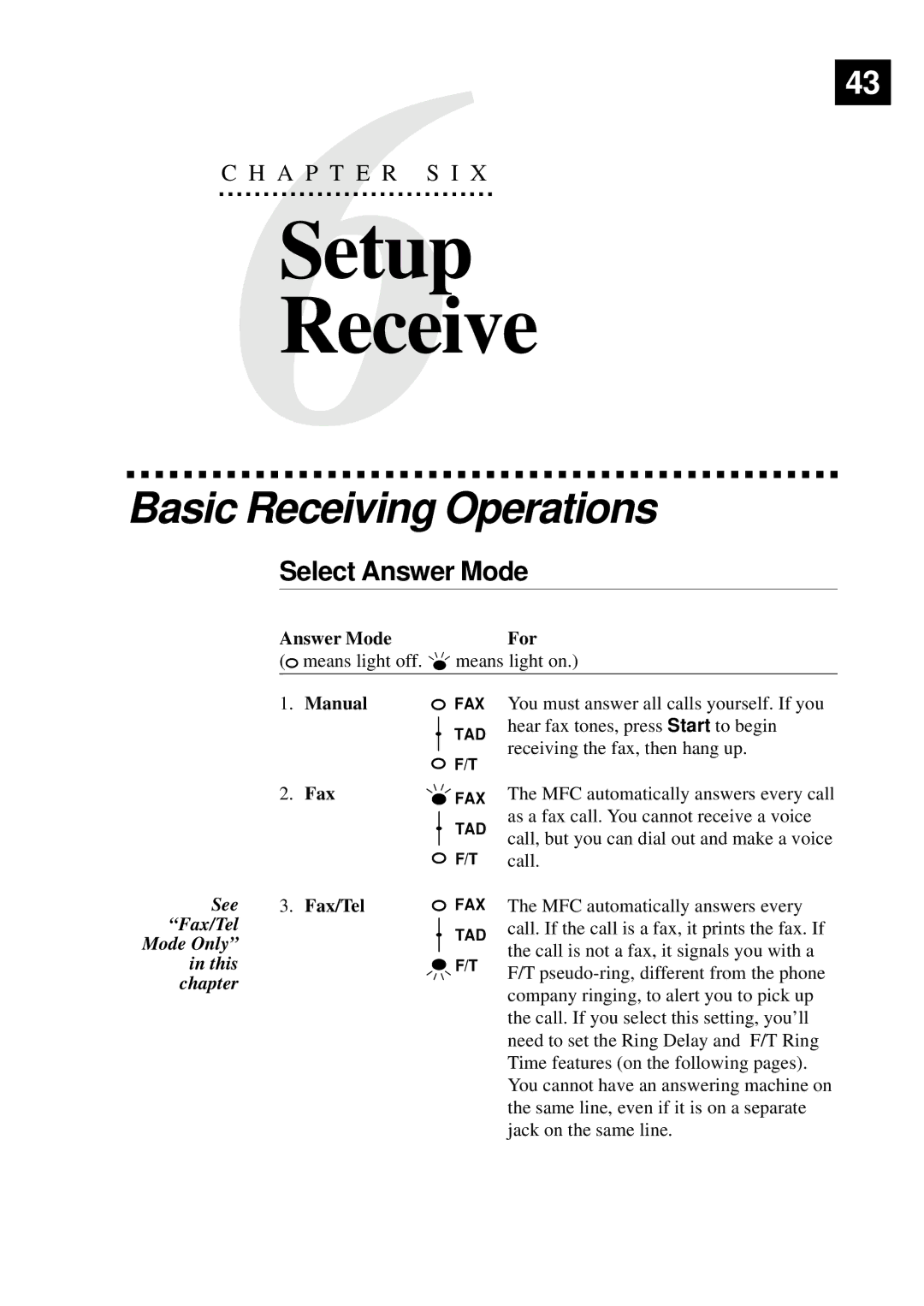 Brother MFC-730, MFC-740 owner manual Setup Receive, Basic Receiving Operations, Select Answer Mode 