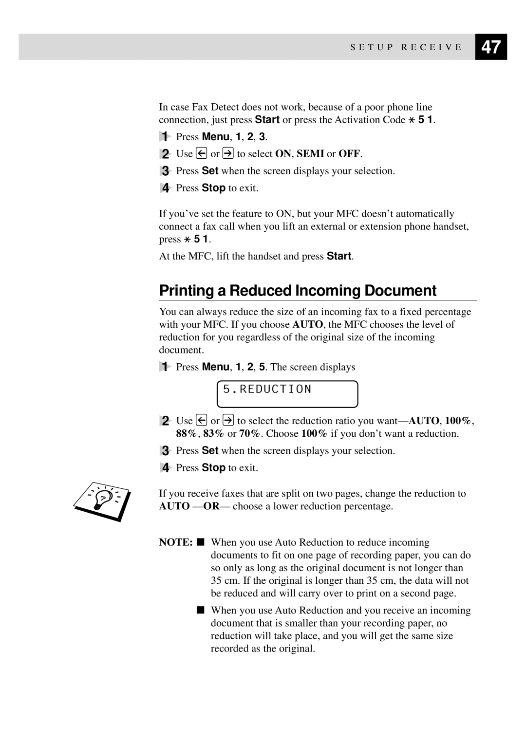 Brother MFC-730, MFC-740 owner manual Printing a Reduced Incoming Document, Reduction 