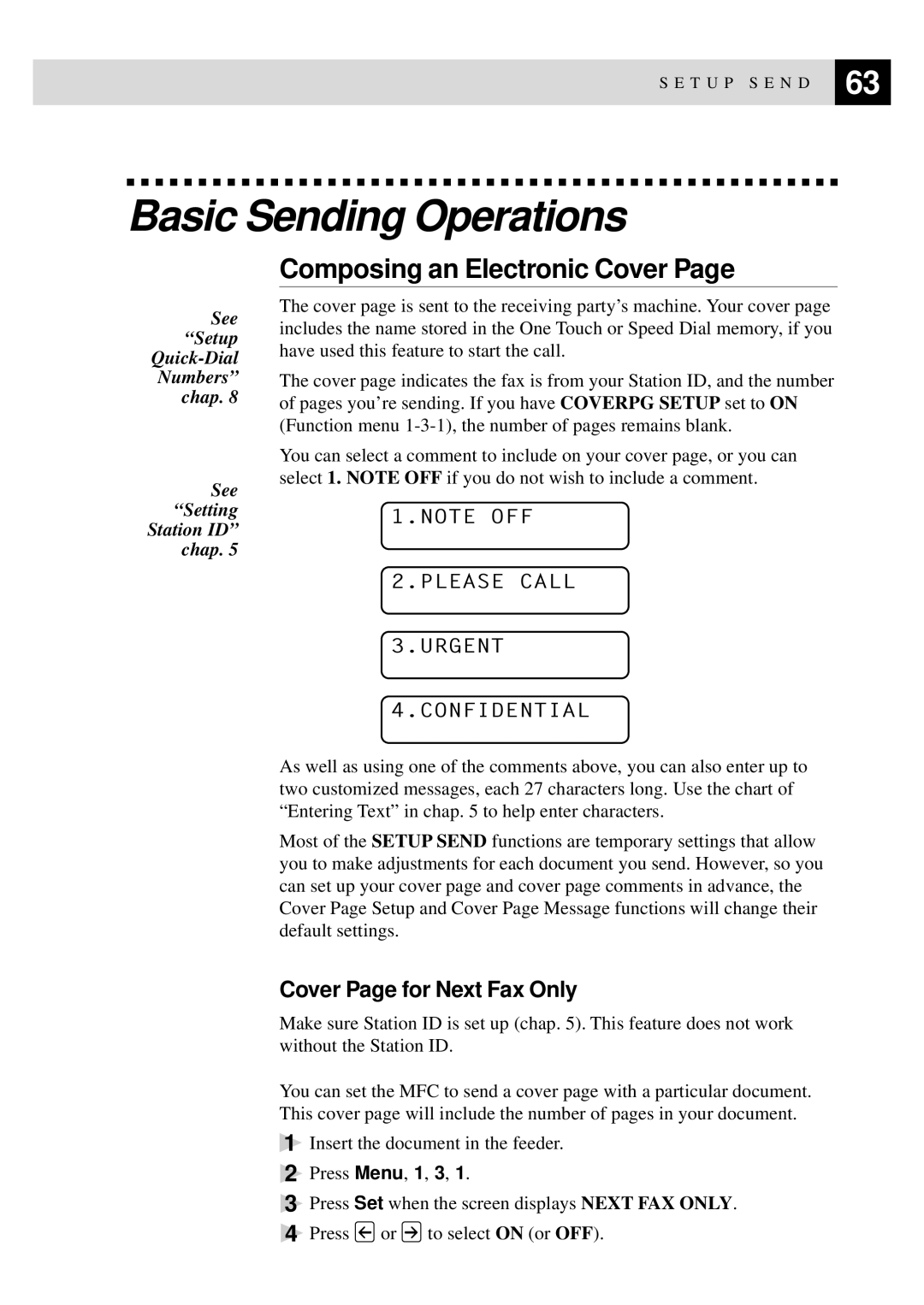 Brother MFC-730, MFC-740 owner manual Basic Sending Operations, Composing an Electronic Cover, Cover Page for Next Fax Only 