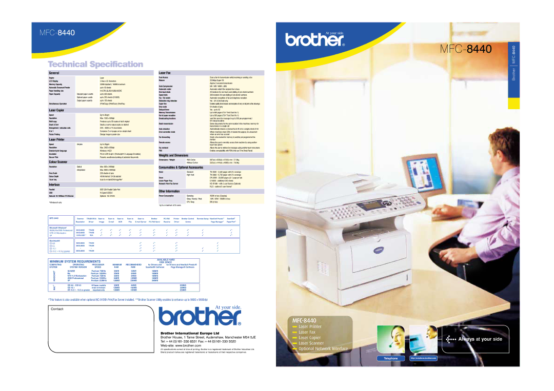 Brother MFC-8440 dimensions General, Laser Copier, Laser Printer, Colour Scanner, Interface Laser Fax 