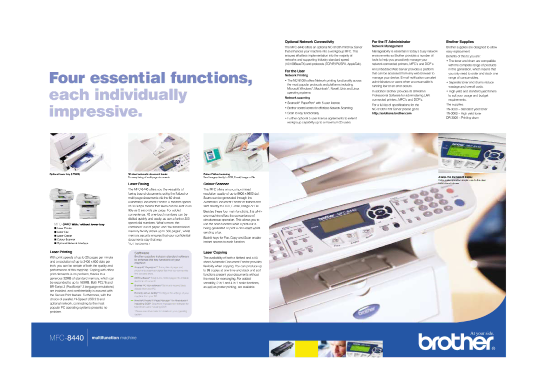 Brother MFC-8440 Optional Network Connectivity, For the User, For the IT Administrator, Brother Supplies, Laser Printing 