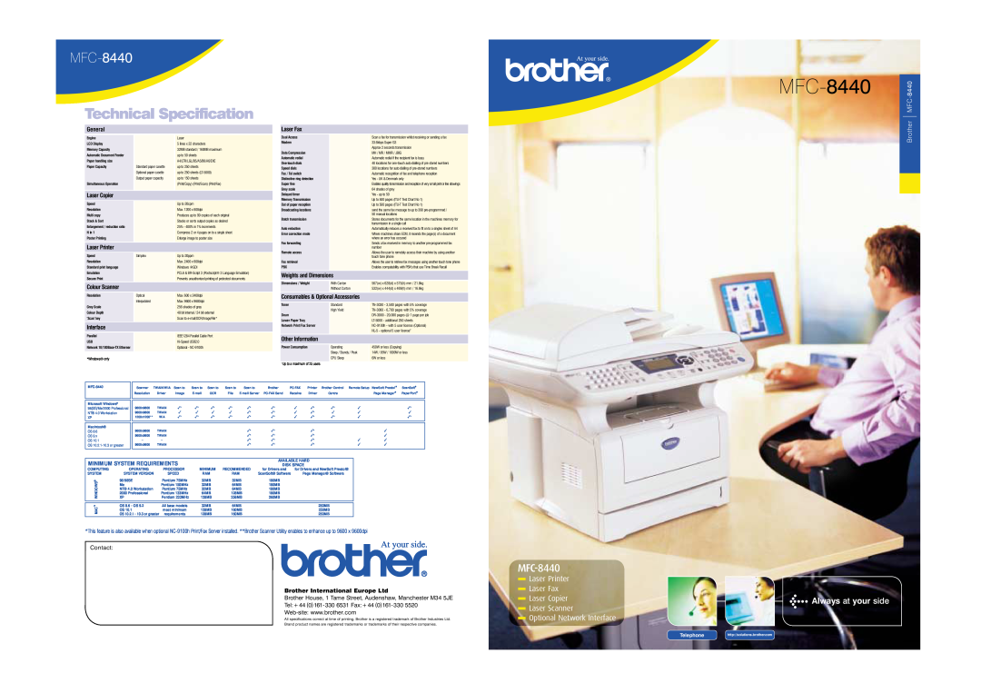 Brother MFC-8440 dimensions General, Laser Copier, Laser Printer, Colour Scanner, Interface, Laser Fax, Laser Scanner 